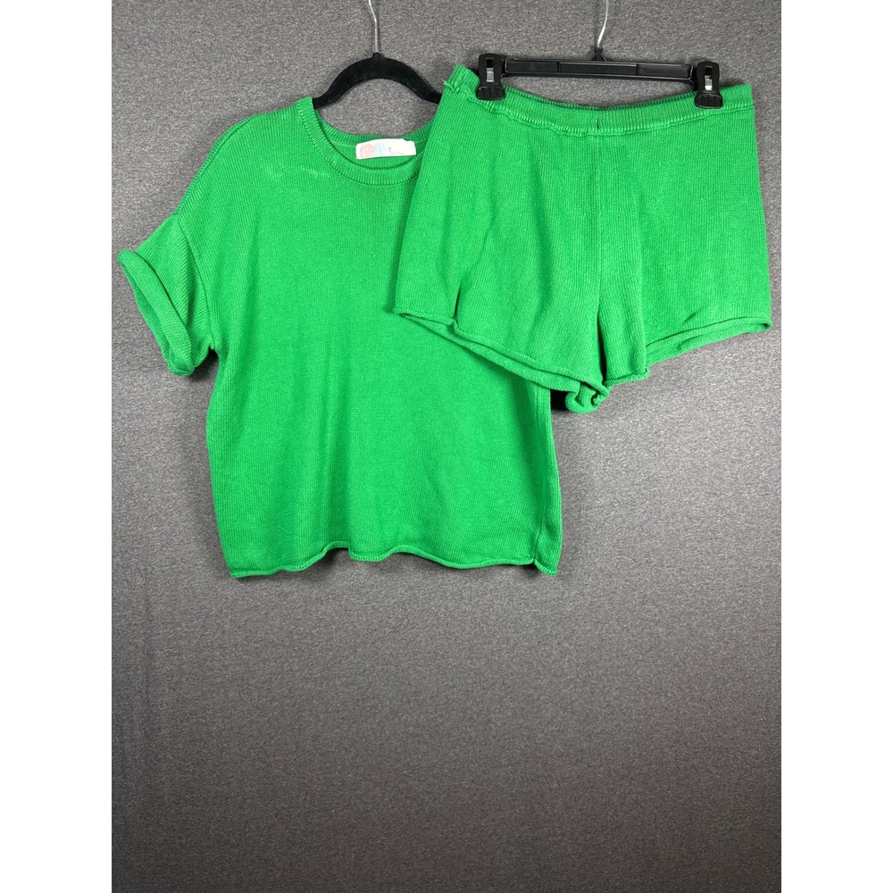 Free People Beach Green Cotton Knit 2 Piece Set Top and Shorts Size M beachy